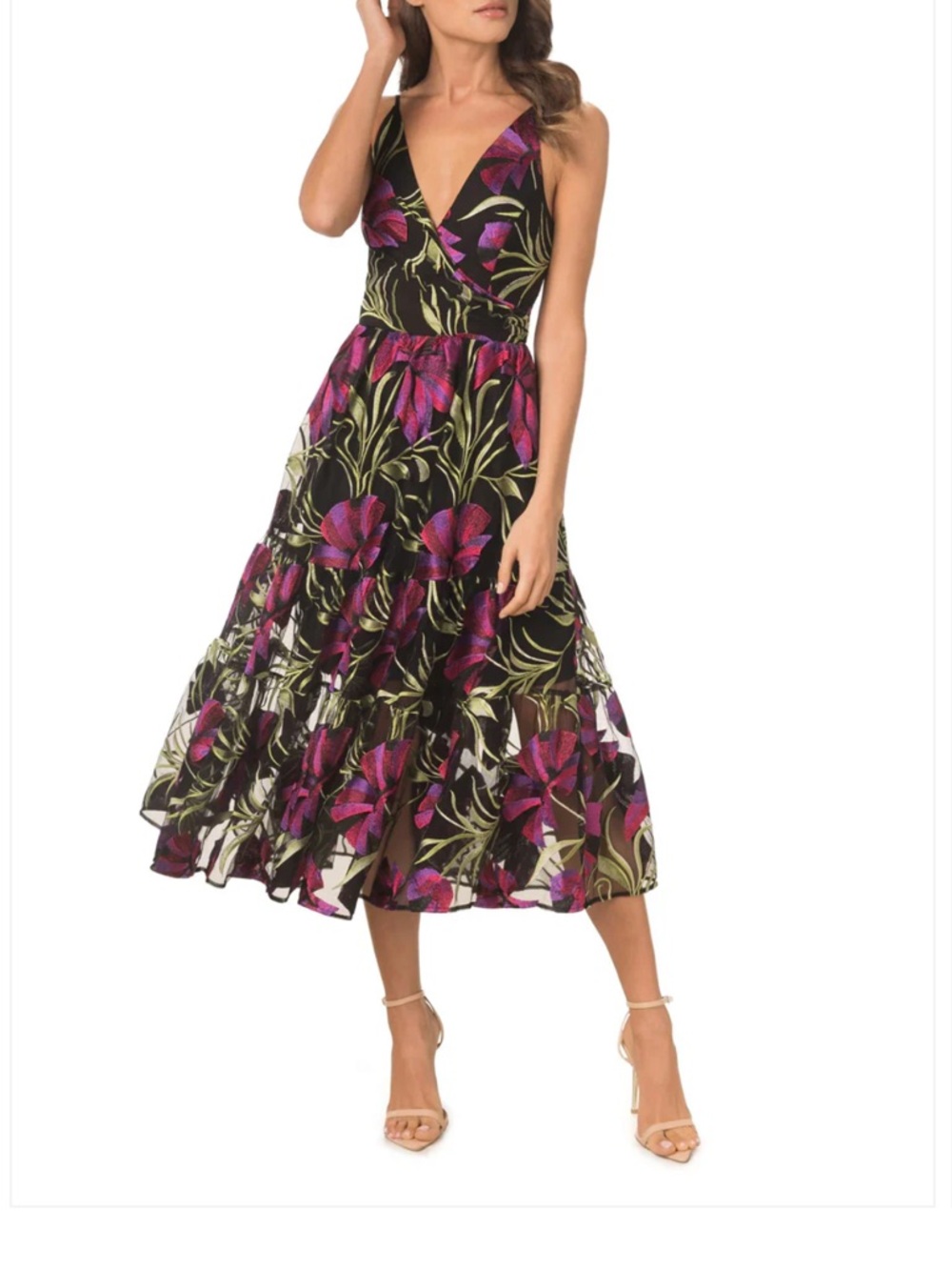 $398 NWOT Dress the Population “Paulette” Floral Fit and Flare Midi Dress Sz XXS